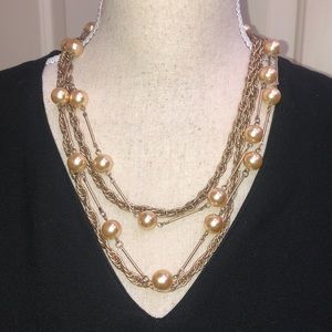 Double strand Pearl and Bronze Chain link Necklace